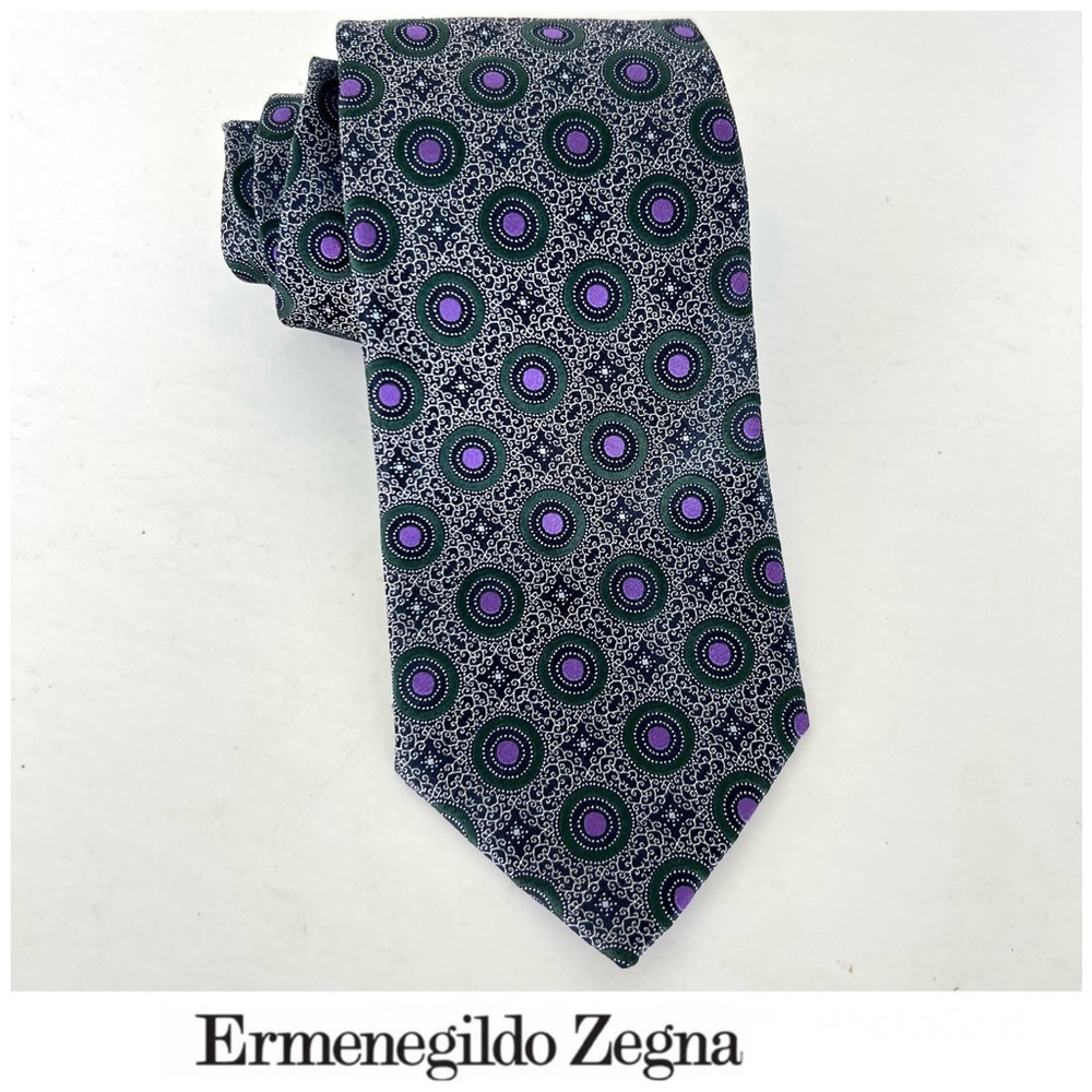 ERMENEGILDO ZEGNA Italy Men 100% Silk Black Purple Oval Jacquard Designer Tie